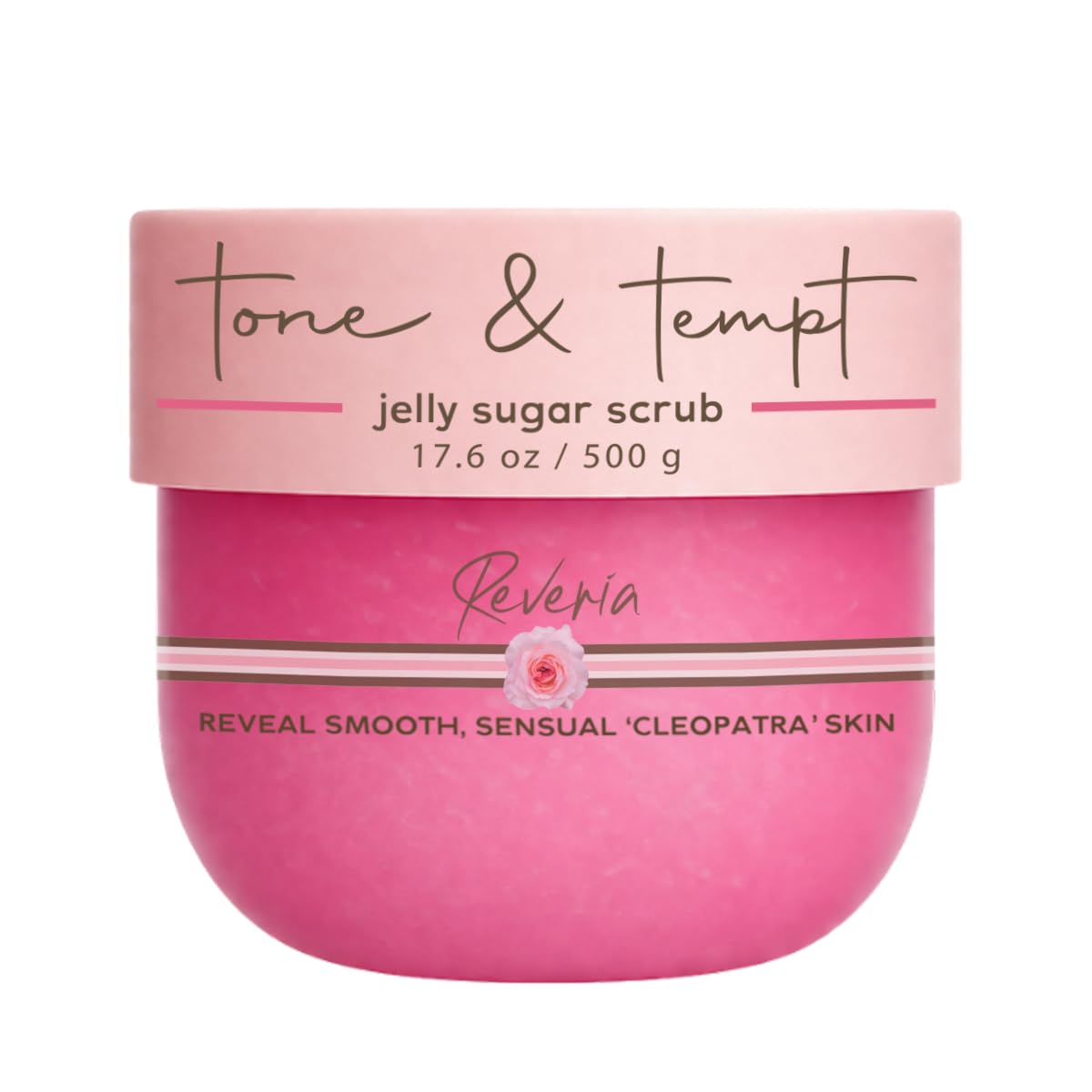 Reveria Tone & Tempt Sugar Body Scrub, Jelly Texture, Exfoliating with Rose Water & Coconut Oil, Smooth Skin, Body Exfoliator for All Skin Types, Self Care Gifts for Women, 17.6 Oz / 500g Jar