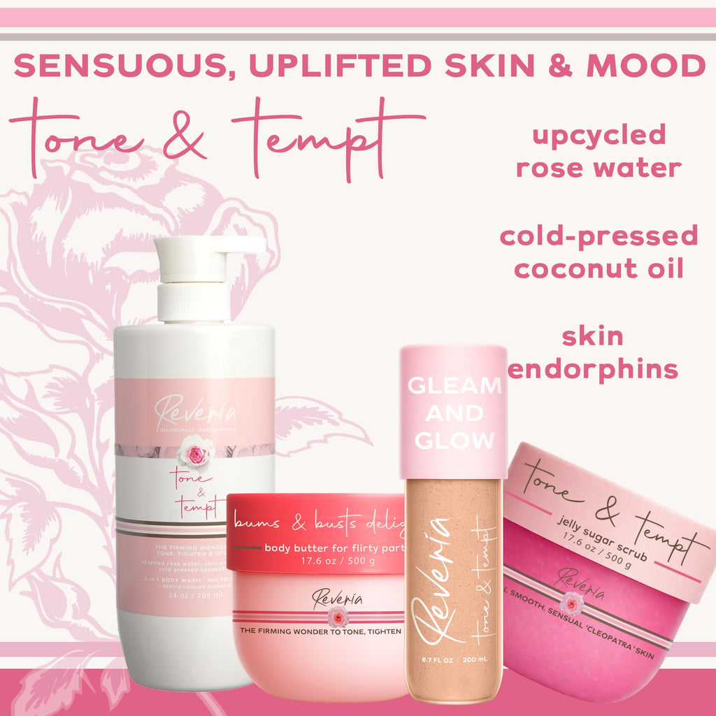 Reveria Tone & Tempt Body Lotion – Rose Water, Coconut Oil & Skin-Endorphins – Universally Flattering Tinted Color-Melt Cream for Toned, Glowing Skin – Paraben Free – 6.7 fl oz