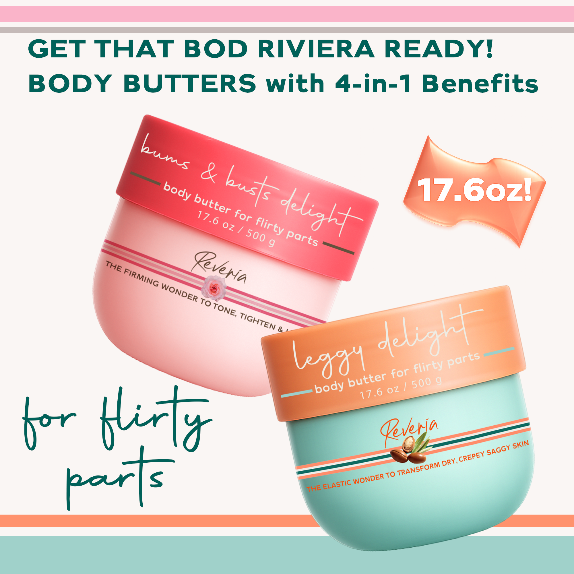 Reveria Supple & Sensational Body Butter – Argan Oil, Goat Milk & Hyaluronic Acid – Smoothing Body Cream for Visibly Elastic, Glowy Skin – Paraben Free, Cruelty Free – 17.6 oz